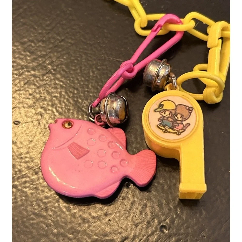 Vintage 80s Plastic Clip On Bell Charm Necklace‎ 10 Charms Yellow Chain